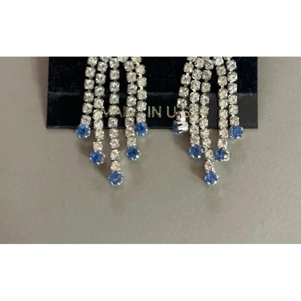 Vintage‎ Earrings Blue & Clear Rhinestones Dangle Post 2